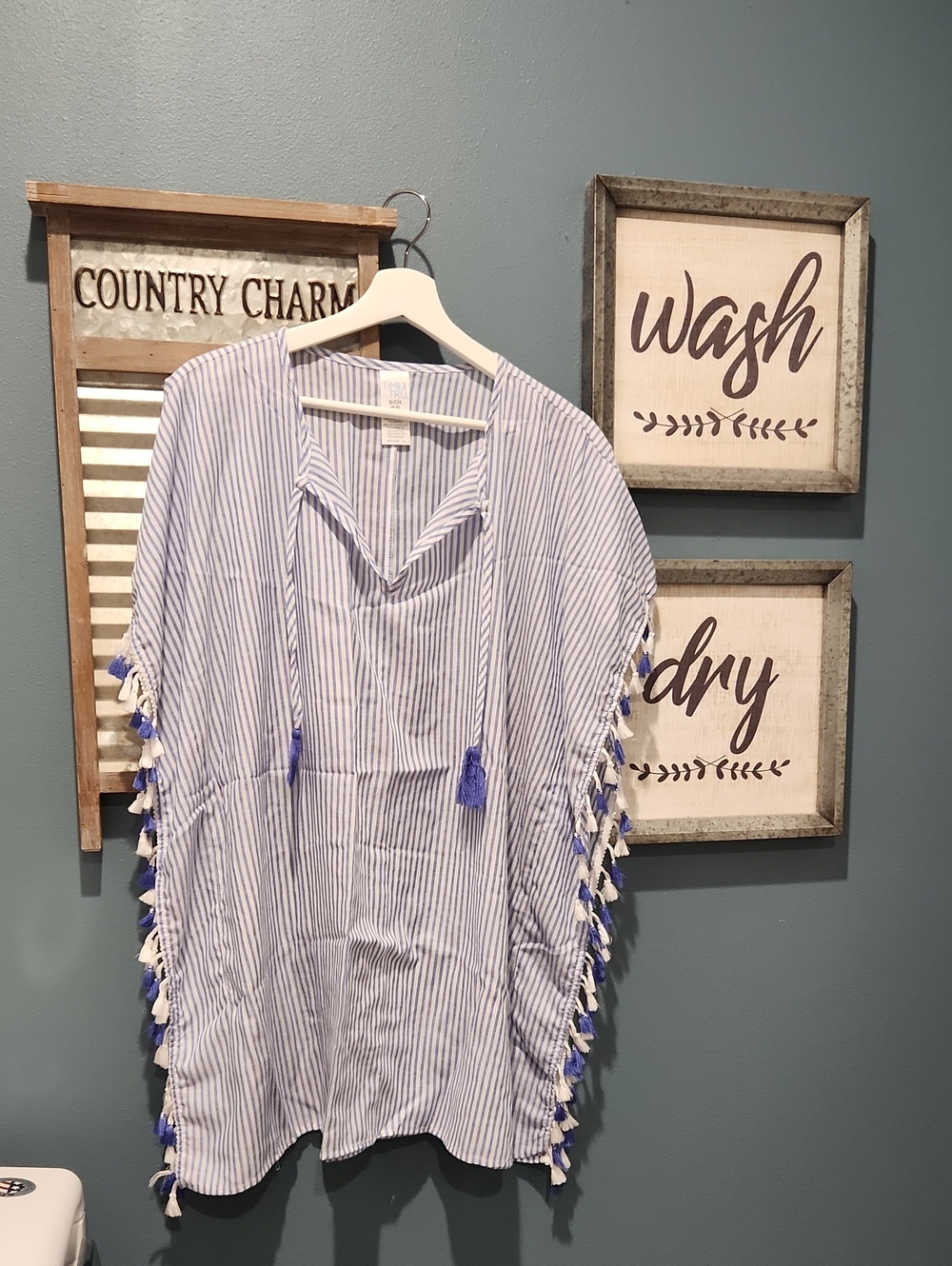 Time and Tru Blue and White Striped Tassel Beach Cover-Up